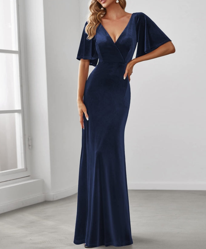 Navy Blue Women's Retro  A Line Velvet Long V-Neck Wrap Formal Prom Dress